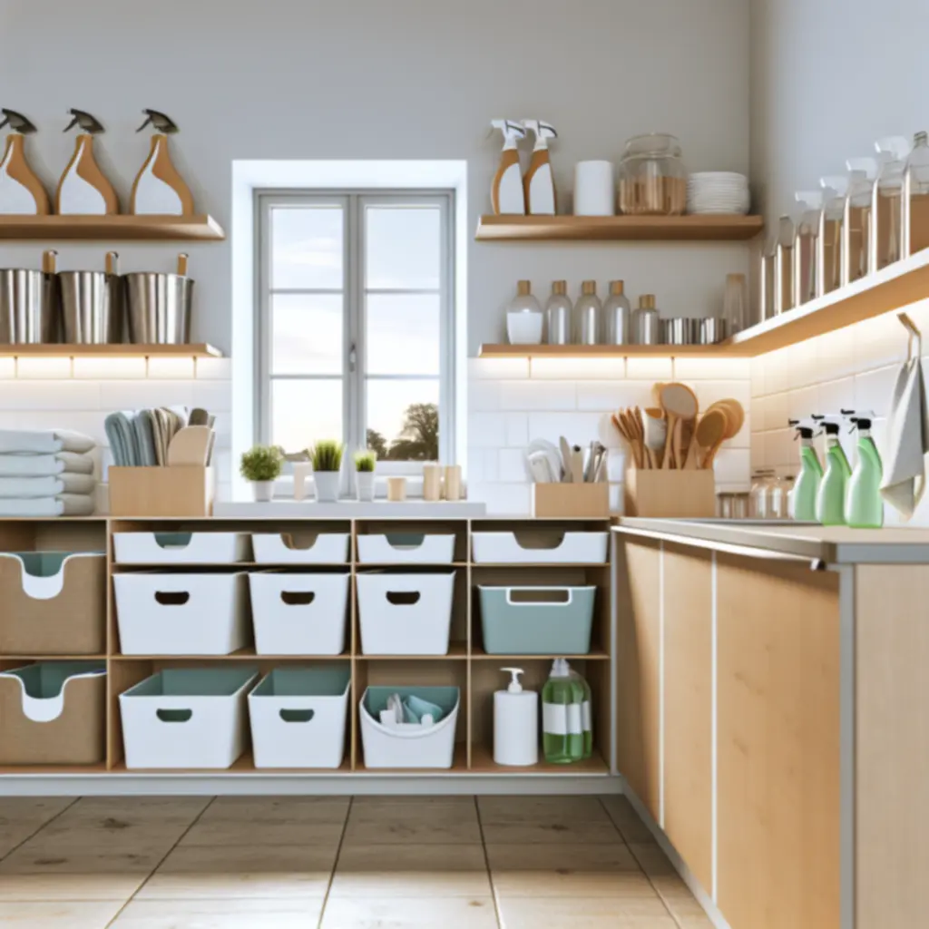 Czysta, nowoczesna kuchnia z zorganizowanymi produktami przechowywania i środkami czystości